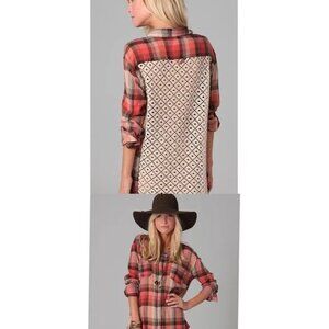 Free People We the Free Orange Plaid Size XS Top Lace Back Long Sleeve Button Do